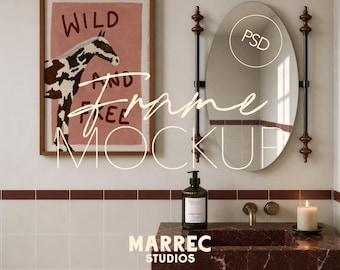 Maqueta de marco de fotos para baño, estilo moderno de mediados de siglo, maqueta vertical DIN A (descarga digital de Photoshop Photopea)