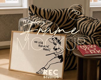 Trendy Horizontal Living Room Frame Mockup,  Fashion Interior Scene, Wooden Frame DIN A Ratio, PSD Photopea (Digital Download)