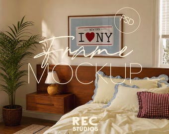 DIN A Wooden Frame Horizontal Bedroom Mockup, Cosy Bedroom Poster Mockup, Landscape PSD Frame Mockup Digital Download, Photoshop Photopea