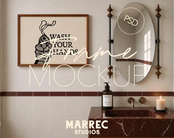 Maqueta de marco horizontal para baño, estilo moderno de mediados de siglo, formato DIN A horizontal (descarga digital para Photoshop Photopea)