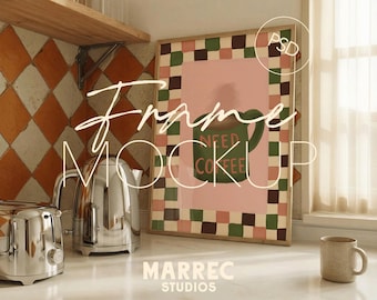 Maqueta de marco de cocina, exhibición vertical de arte de pared, escena con luz natural (descarga digital PSD)