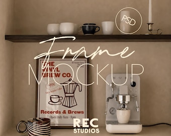 Kitchen Frame Mockup, Coffee Station Mockup, Walnut Frame, Portrait DIN A Ratio, Digital Download, Photoshop, Photopea, Vertical Wall Art