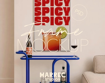 Maqueta de carrito de bar retro / Marco de cocina vertical para escena interior / Maqueta de póster de vino (DIN A, PSD y descarga digital de Photopea)