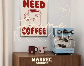 Maqueta de marco de cocina, exhibición vertical de arte para pared de cafetería/bistro moderna (descarga digital PSD de Photopea)