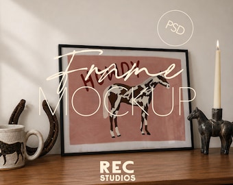 Western Frame Mockup, Rustic Home Interior, Black Horizontal Frame, DIN A Ratio, Digital Download, Photoshop, Photopea