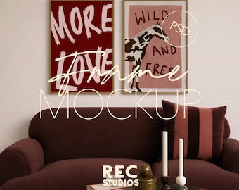 Two Frames Poster Mockup, 2 Portrait Frame Mockup Living Room, DIN A Photoshop Photopea Digital Download