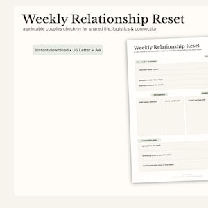 Puede incluir: Un documento imprimible para parejas titulado "Weekly Relationship Reset" sobre un fondo beige claro. El documento incluye secciones para la vida compartida, la logística y la conexión. También se ve el texto "descarga instantánea US Letter + A4".