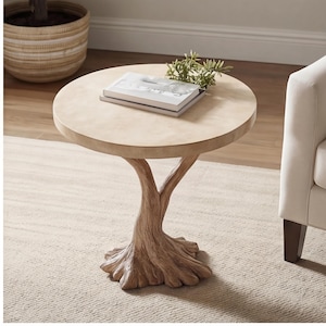 Handcrafted Solid Wood Side Table with Tree Base – Rustic Living Room Accent Furniture