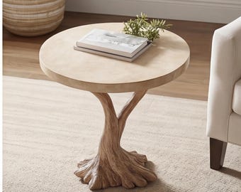 Mesa auxiliar rústica de madera maciza con base de árbol y tapa redonda, hecha a mano, para sala de estar.