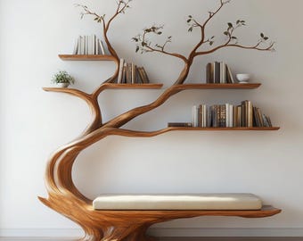Tree Wall Shelf with Bench Solid Wood Bookshelf Organic Branch Shelving Unit Modern Rustic Wall Decor with Seating