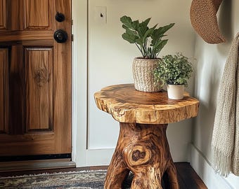 Solid Wood Stump Side Table Rustic Tree Trunk End Table Natural Live Edge Accent Table Handmade Organic Furniture