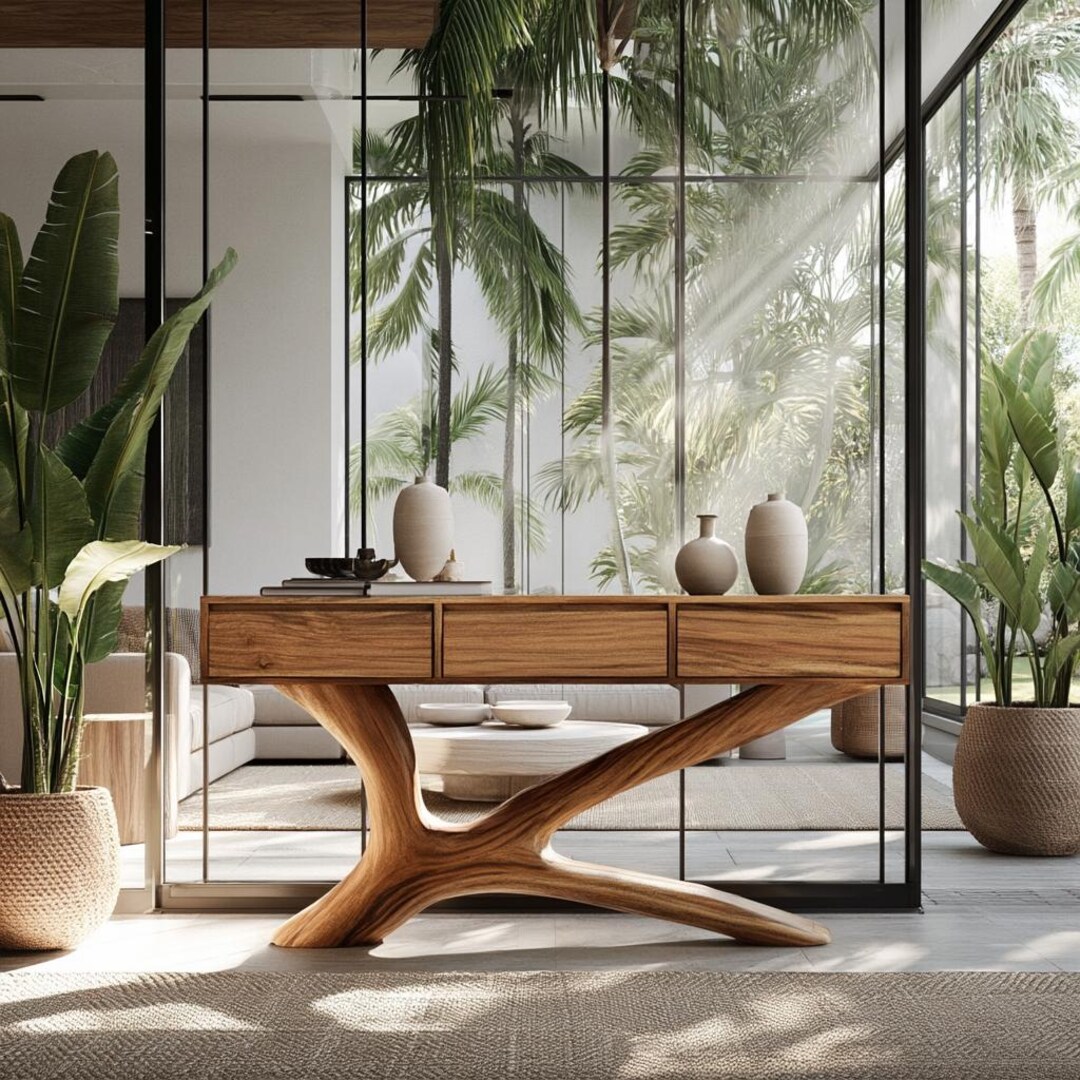 Solid Wood Console Table Sculptural Tree Base Modern Entryway Table ...