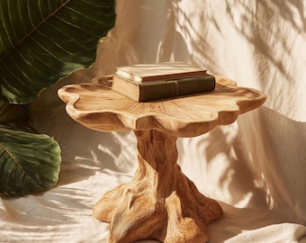 Wood Side Table Organic Sculptural Solid Wood Pedestal Table Natural Edge Accent Table