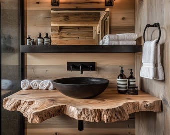 Mueble de baño con lavabo de madera maciza de borde natural, estilo rústico moderno.