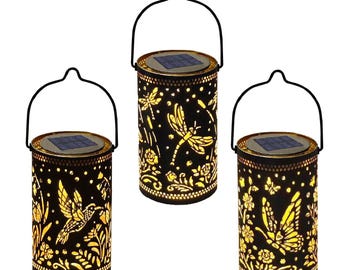 Trio di lanterne solari della foresta – Libellula, Farfalla, Colibrì - Luci decorative da giardino in metallo