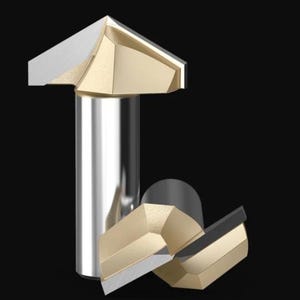 Könnte beinhalten: Ein V-Nut-Fräser mit einem zylindrischen Schaft aus silbernem Stahl und einem goldfarbenen Hartmetall-Fräskopf mit scharfen, abgewinkelten Klingen. Das Werkzeug ist für die Holzbearbeitung konzipiert und weist eine metallische Oberfläche auf.
