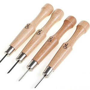 May include: A set of four awls with light brown wooden handles and silver metal ferrules. Each tool features a thin, sharp metal point extending from the handle. A small black graphic logo is printed on the side of each wooden handle.