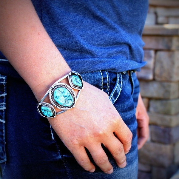 Vintage Sterling Silver Bracelet with Three Turquoise Nuggets