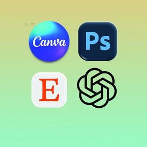 Pode incluir: Imagem com quatro &iacute;cones de aplicativos em um fundo gradiente. Os &iacute;cones incluem Canva, Photoshop (Ps), um quadrado branco com um "E" vermelho e um design abstrato em preto e branco, sugerindo um tema de tecnologia ou design.