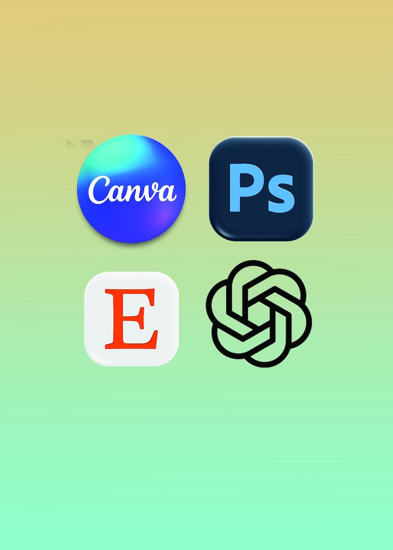 Pode incluir: Imagem com quatro &iacute;cones de aplicativos em um fundo gradiente. Os &iacute;cones incluem Canva, Photoshop (Ps), um quadrado branco com um "E" vermelho e um design abstrato em preto e branco, sugerindo um tema de tecnologia ou design.