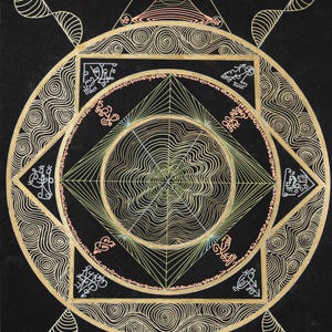 Puede incluir: Diseño geométrico dorado intrincado sobre fondo negro. La obra de arte presenta círculos concéntricos, cuadrados y triángulos, con líneas y símbolos detallados. El diseño tiene un tema espiritual o místico.