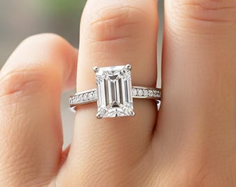 3 Carat Emerald Cut Lab Grown Diamond Engagement Ring IGI Certified Dainty 3CT Emerald Diamond