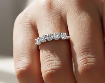 5 Stone Lab Grown Diamond Ring 14k Solid Gold Anniversary Ring for Women