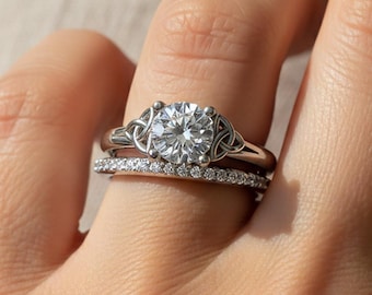 Celtic Trinity Knot Engagement Set 14k White Gold Triquetra Irish Ring 1 Carat Round Lab Grown Diamond Wedding Ring