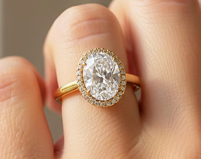 2 Carat Oval Diamond Halo Engagement Ring Lab Grown Diamond Halo Wedding Ring 14k Yellow Gold