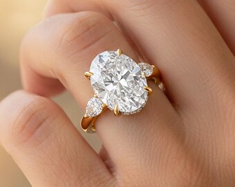 4 Carat Oval Diamond Engagement Ring 4 CT Oval Diamond Thin Wedding Ring Dainty Ring Small Pear Side Diamonds 14k Yellow Gold Hidden Halo
