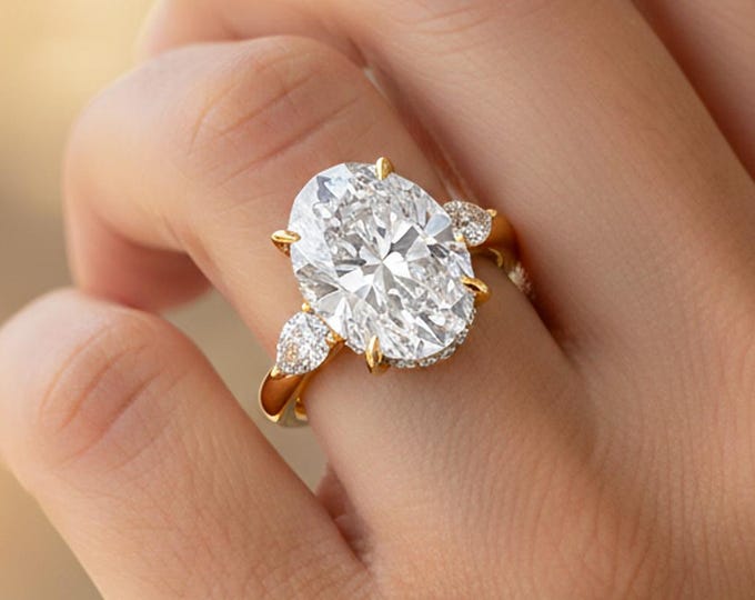 4 Carat Oval Diamond Engagement Ring 4 CT Oval Diamond Thin Wedding Ring Dainty Ring Small Pear Side Diamonds 14k Yellow Gold Hidden Halo