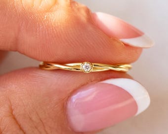 Petite Tiny Round Diamond Ring 14K Solid Gold Minimalist Twisted Band