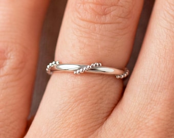 14k White Gold Wedding Band Unique Ring Simple Stacking Dainty Bead Ring Minimalist Stackable Ring