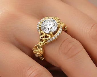 Celtic Engagement Ring 2 Carat Round Lab Grown Diamond 14k Yellow Gold Trinity Knot Wedding Ring Nature Inspired