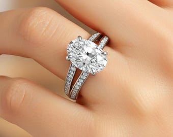 2 Carat Oval Cut Lab Grown Diamond Ring Split Shank Engagement Ring 14K White Gold Unique Wedding Ring