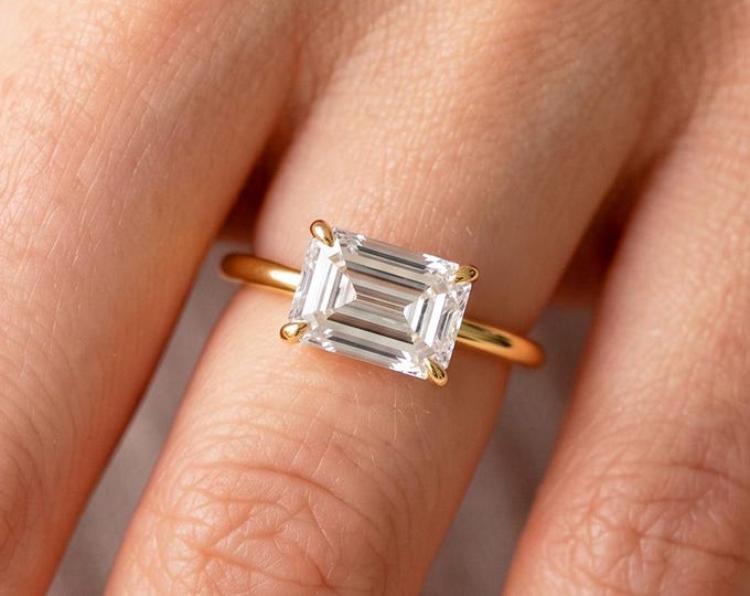 East West Emerald Diamond Engagement Ring 2 Carat Emerald Cut Lab Grown Diamond E VS1 Solitaire Ring 18k Yellow Gold