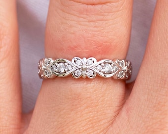 Dainty Sterling Silver Floral Diamond Ring, Unique 925 Eternity Stackable Band