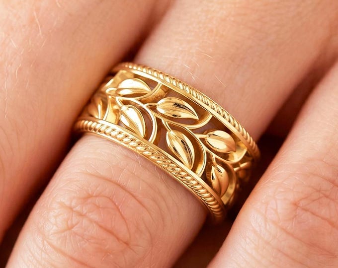 14k Solid Gold Nature Inspired Wedding Band Leaf Branch Ring