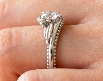 Unique Nature Inspired Engagement Ring 14k White Gold Ring 1 CT Lab Grown Diamond Floral Ring