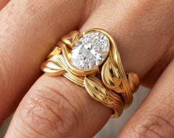 2 Carat Oval Diamond Engagement Ring Set 14k Yellow Gold Nature Inspired Ring Solitaire Wedding Ring with Matching Band