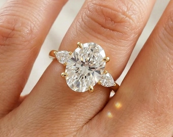 2 Carat Oval Lab Grown Diamond Engagement Ring Three Stone Ring 14k Yellow Gold 3 Stone Ring Trilogy Diamond Ring