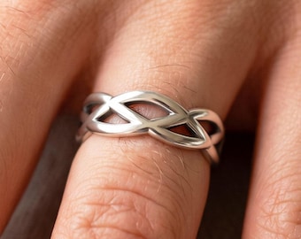 Men's Wedding Band Solid 14k White Gold Braided Ring Unique Dainty Ring