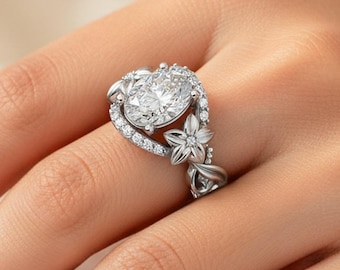 Unique Nature Inspired Engagement Ring 14k White Gold 2 Carat Oval Diamond Floral Wedding Ring