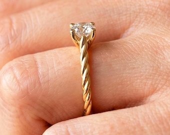 Solid 14k Yellow Gold Twisted Rope Engagement Ring 1 Carat Round Diamond Ring Lab Grown Diamond Braided Wedding Ring