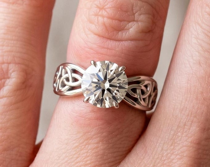 Celtic Engagement Ring 2 Carat Round Lab Grown Diamond Trinity Knot Wedding Ring Triquetra Diamond Ring 14k White Gold