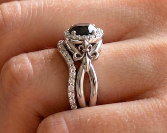 Fleur de Lis Engagement Ring Set 1 Carat Black Diamond 14k White Gold Halo Bridal Set