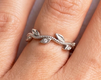 Lab Diamond Leaf Vine Ring 925 Sterling Silver Floral Stackable Band
