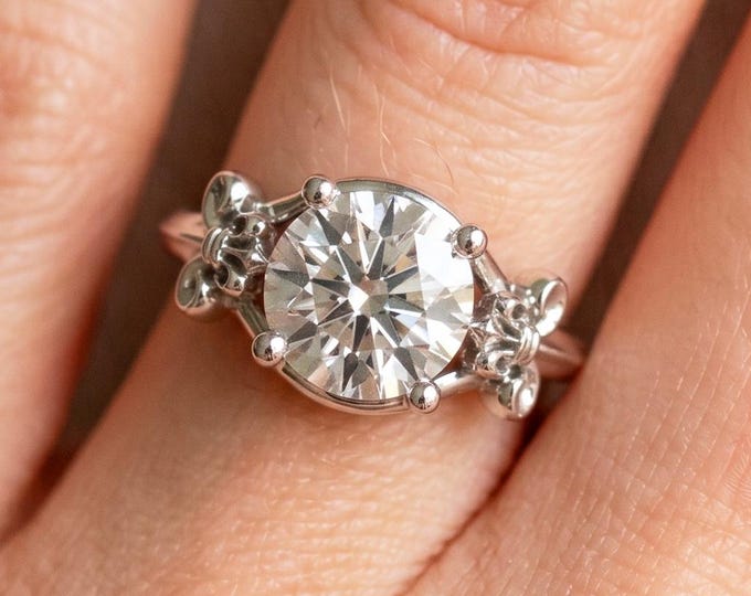 2 Carat Fleur de Lis Diamond Ring Vintage Engagement Ring IGI Certified Lab Grown 14k White Gold