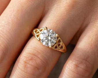 Celtic Engagement Ring 14k Yellow Gold 2 Carat Round Diamond IGI Certified Lab Grown Diamond Trinity Knot Wedding Ring
