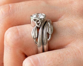 Diamond Celtic Engagement Ring Set Nature Inspired Wedding Ring 1 Carat Round Lab Grown Diamond IGI Certified